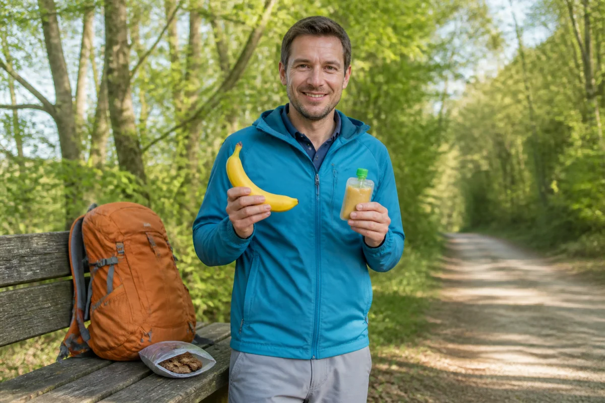 Randonneur tenant une banane et une compote, idées de repas légers avant une randonnée matinale en forêt
