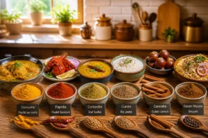 Assortiment d’épices en cuisine indienne dans des bols, accompagné de plats traditionnels et d’ustensiles en bois