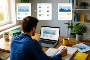 Lecteur attentif consultant Fraimenbon sur un site éditorial, avec carnet de notes et rubriques organisées.
