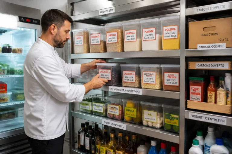 Gestion des stocks en cuisine pro : responsable organisant les produits selon dates d’entrée et de péremption.
