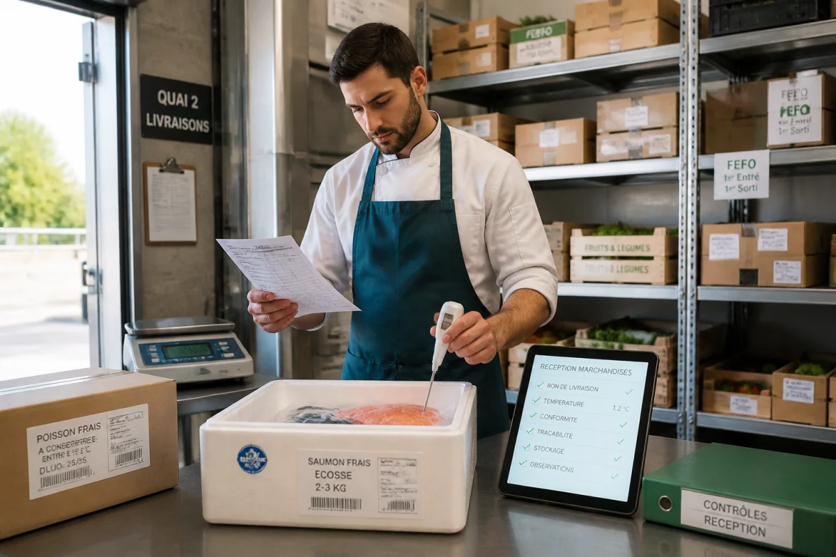 Employé contrôlant une livraison et la température des produits, illustrant la gestion des stocks en cuisine pro