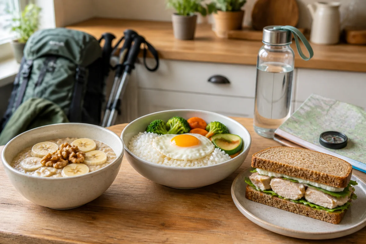 Idées de repas avant randonnée : porridge banane, bol de riz aux légumes et sandwich léger au poulet dans une cuisine lumineuse