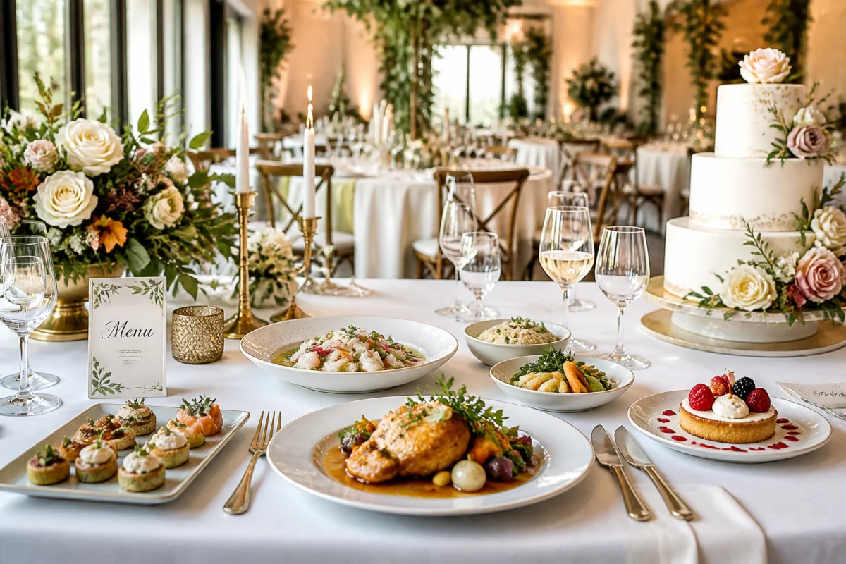 Menu de mariage traiteur &eacute;quilibr&eacute; avec amuse-bouches, plats raffin&eacute;s, dessert et pi&egrave;ce mont&eacute;e sur table &eacute;l&eacute;gante