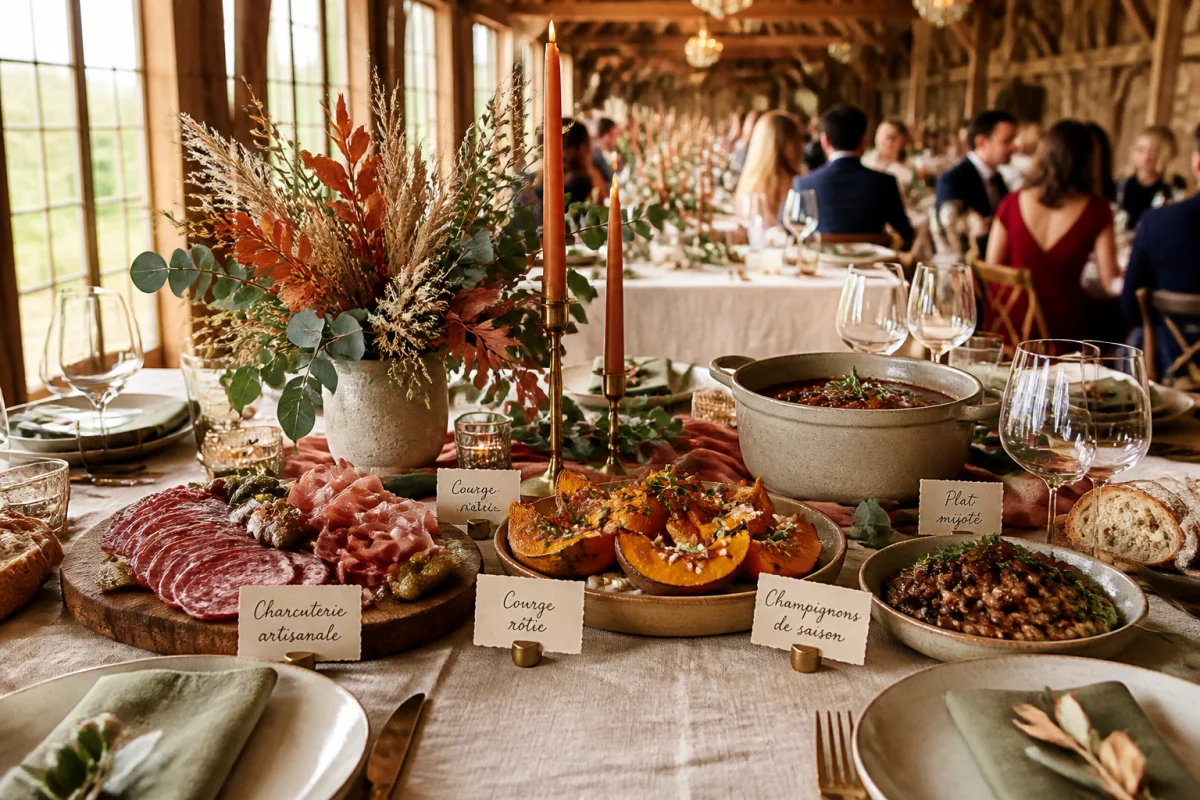 Menu de mariage traiteur automnal avec charcuterie, courge r&ocirc;tie et champignons dans une grange &eacute;l&eacute;gamment d&eacute;cor&eacute;e