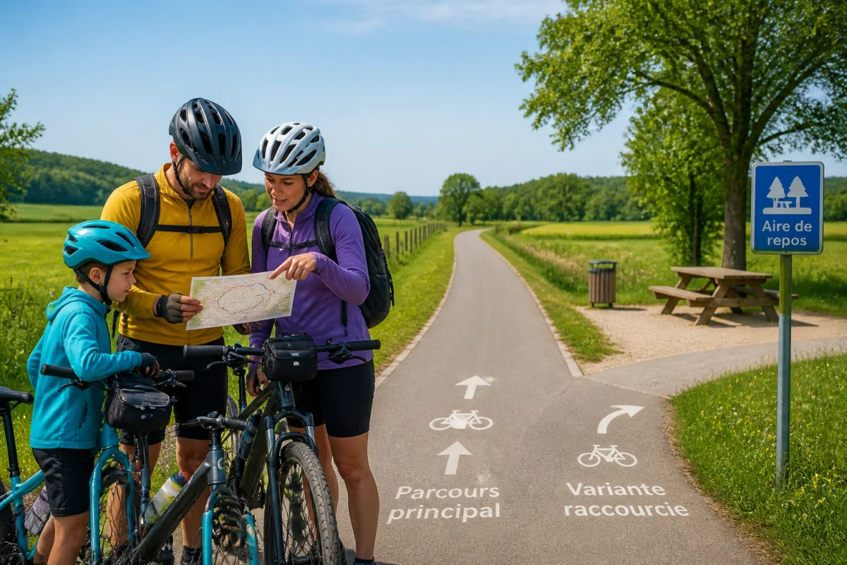 Groupe de cyclistes consultant une carte sur une piste rurale, près d’une bifurcation pour organiser leur parcours.