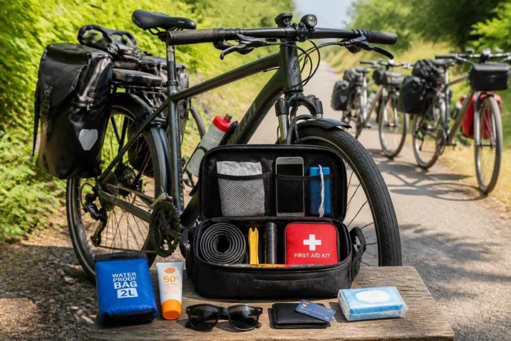 Vélo de randonnée équipé et sac ouvert avec accessoires essentiels, prêts pour l’organisation d’une sortie à vélo en groupe