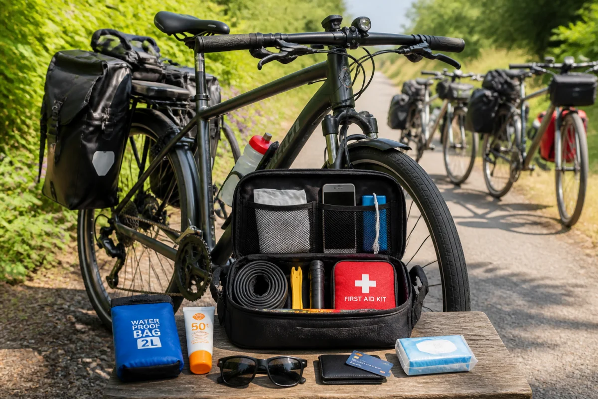 Vélo de randonnée équipé et sac ouvert avec accessoires essentiels, prêts pour l’organisation d’une sortie à vélo en groupe