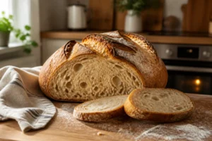 Pain maison fraîchement cuit, croûte dorée et mie aérée sur un plan de travail en bois chaleureux