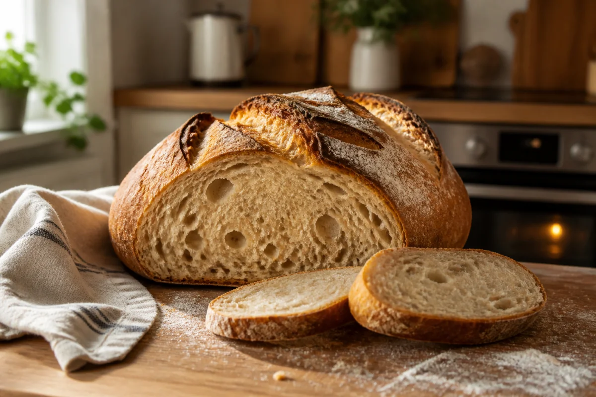 Pain maison fraîchement cuit, croûte dorée et mie aérée sur un plan de travail en bois chaleureux