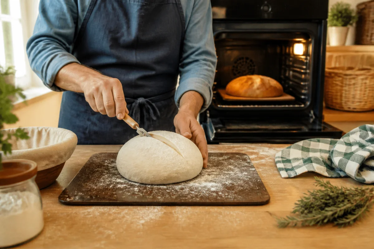 Préparation d’une pâte à pain maison facile, façonnée et incisée à la main avant cuisson au four