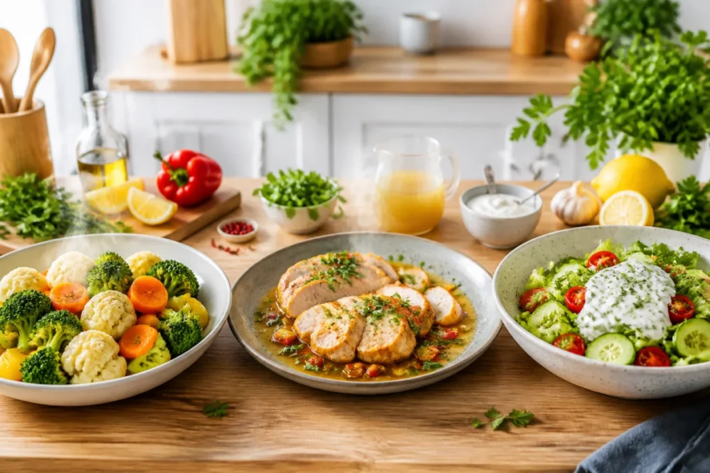 Trois plats allégés en matières grasses illustrent les lipides alimentaires et l’équilibre nutritionnel, avec légumes, poulet et salade.
