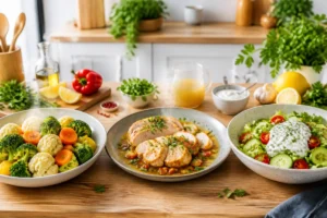 Trois plats allégés en matières grasses illustrent les lipides alimentaires et l’équilibre nutritionnel, avec légumes, poulet et salade.