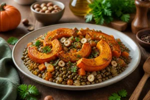 Potimarron rôti, lentilles vertes et noisettes dans une assiette de cuisine française de saison