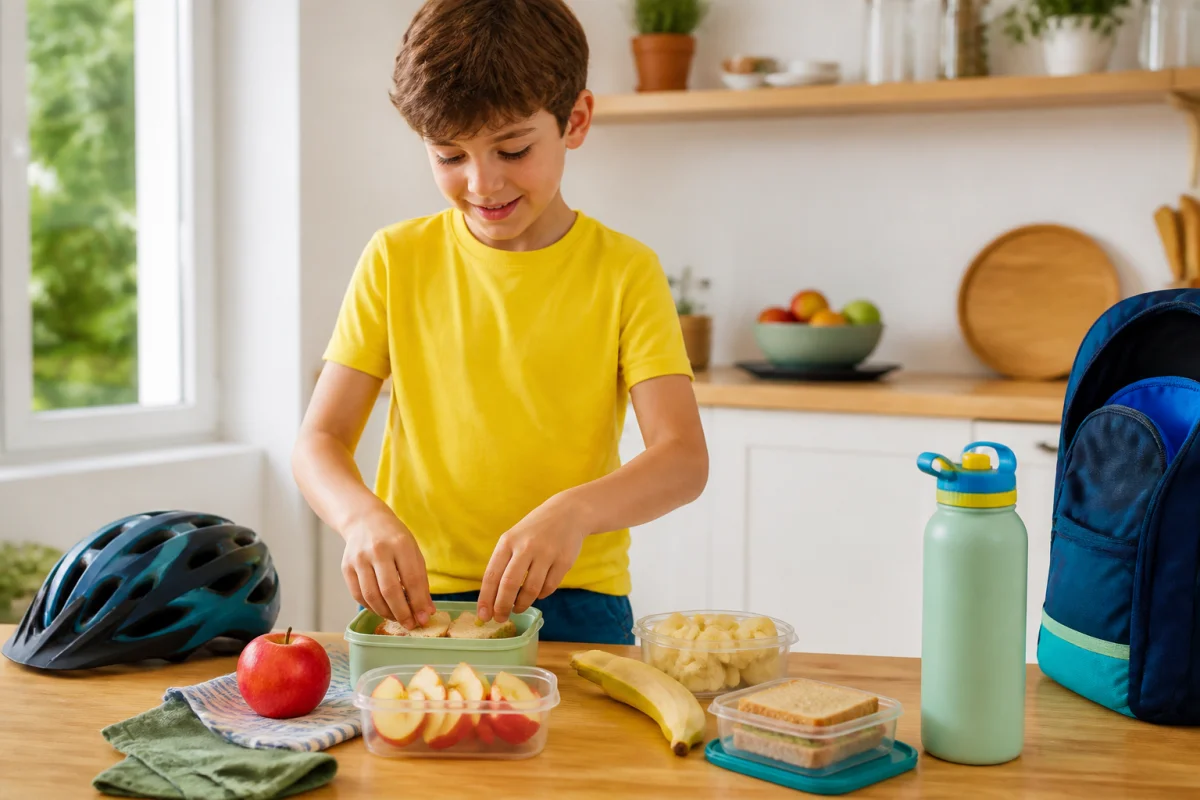 Enfant préparant des encas énergétiques avant une sortie à vélo, avec fruits, sandwiches, gourde et casque de vélo