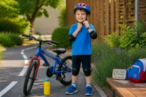 Préparer son enfant au vélo : enfant souriant vérifiant casque, protections, gourde et vélo dans un parc lumineux.
