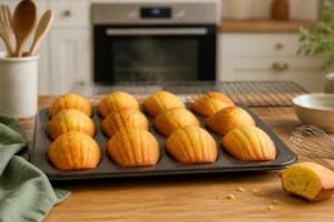 Plaque de madeleines sans sucre fraîchement cuites, dorées et moelleuses dans une cuisine lumineuse、】【