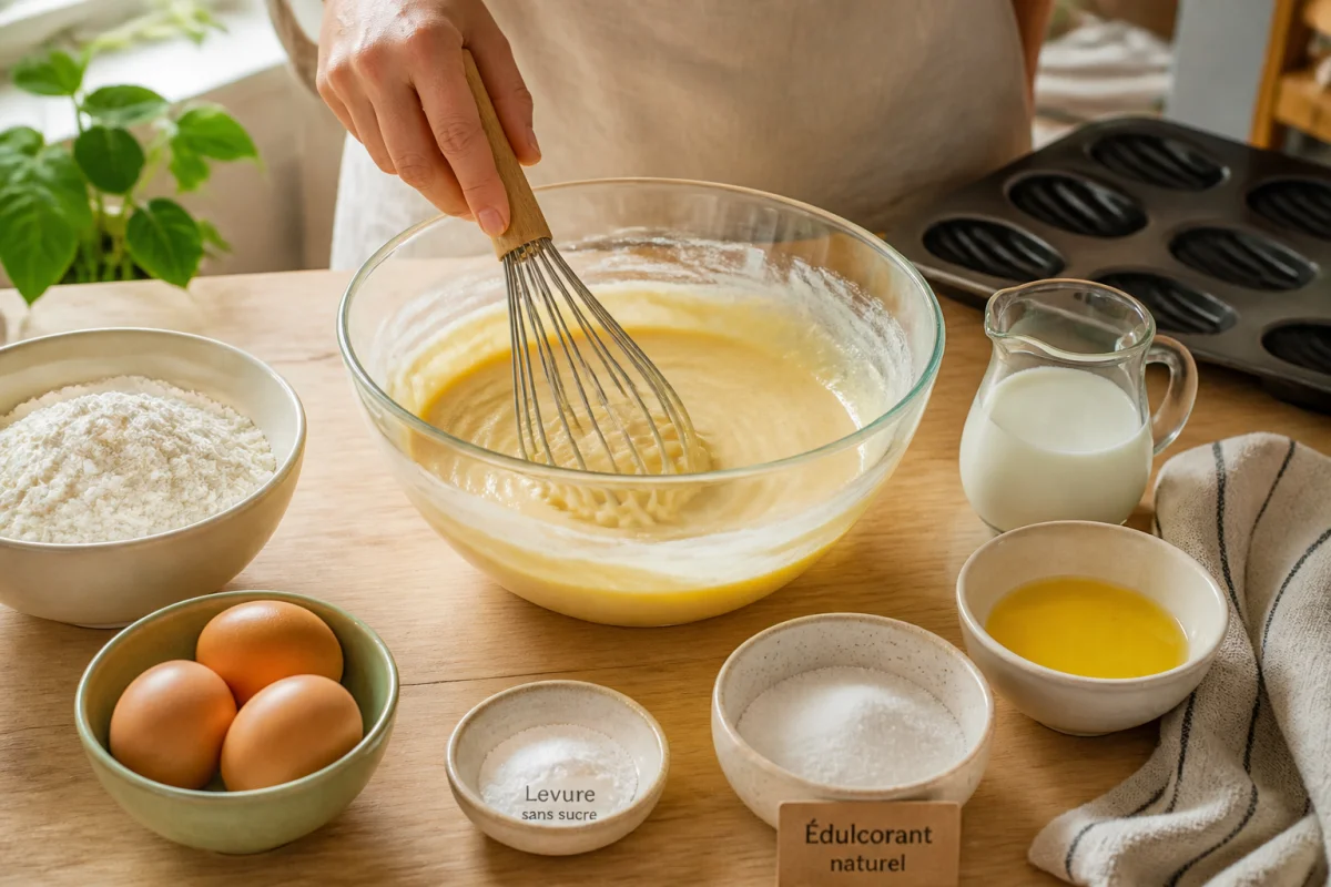 Préparation d’une pâte à madeleines sans sucre au fouet, avec œufs, farine, beurre et édulcorant naturel en cuisine lumineuse