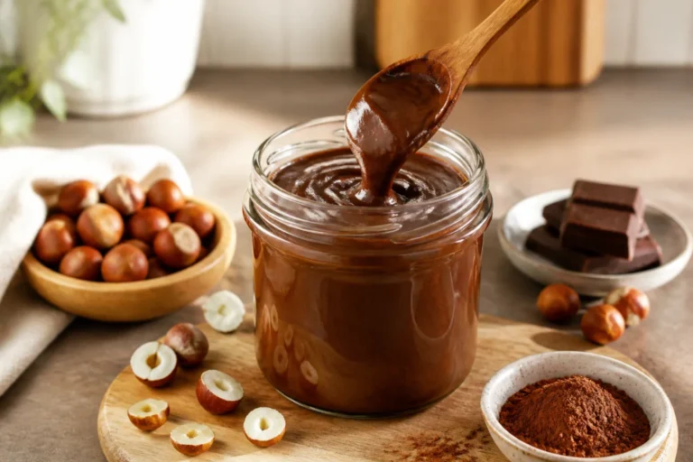 Pot de pâte à tartiner sans sucre maison aux noisettes et cacao, entouré d’ingrédients naturels en cuisine lumineuse