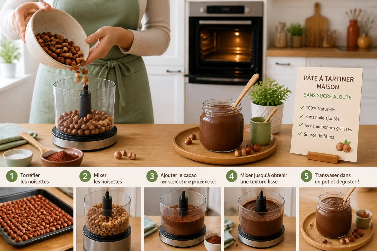 Recette de pâte à tartiner sans sucre avec noisettes torréfiées, mixeur et pot onctueux maison