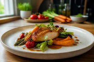 Recette de saison bistronomique dressée avec légumes colorés, protéine dorée, sauce raffinée et herbes fraîches