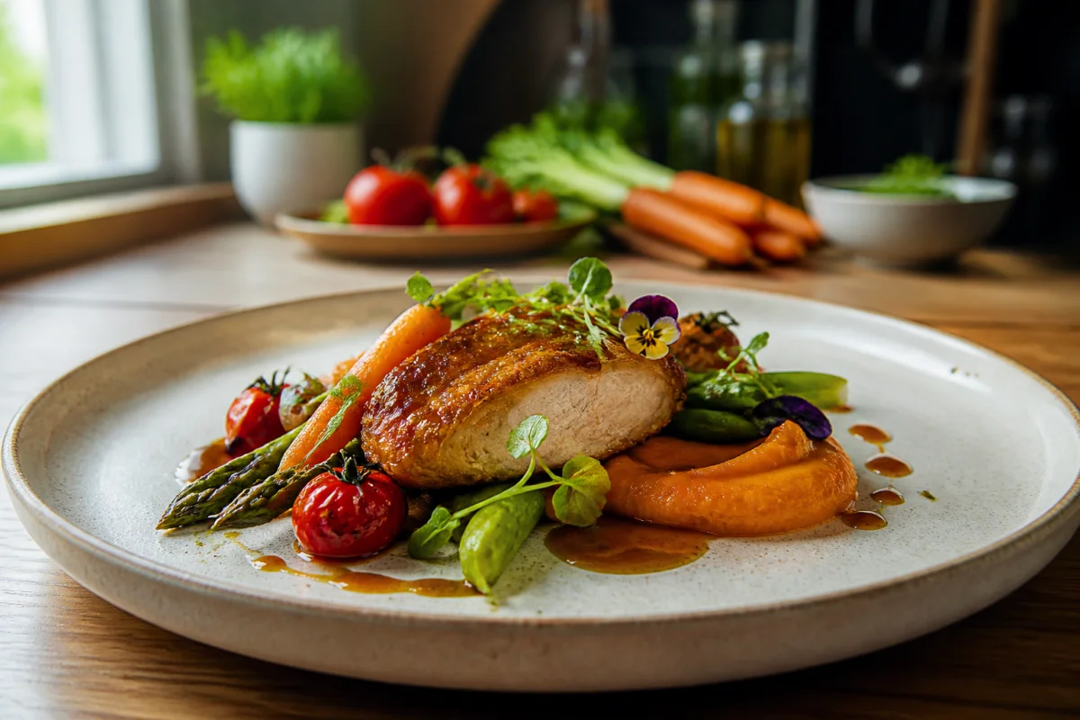 Recette de saison bistronomique dressée avec légumes colorés, protéine dorée, sauce raffinée et herbes fraîches