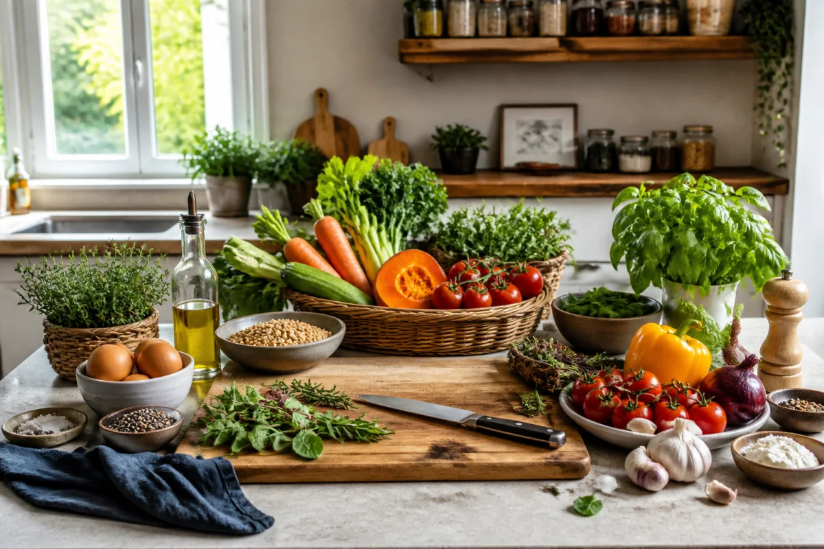 Ingrédients frais de saison disposés sur une table pour préparer une recette bistronomique maison