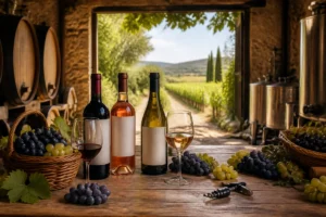 Bouteilles de vin Rieu Coulon, verres remplis et raisins frais dans une cave familiale près de Montpellier