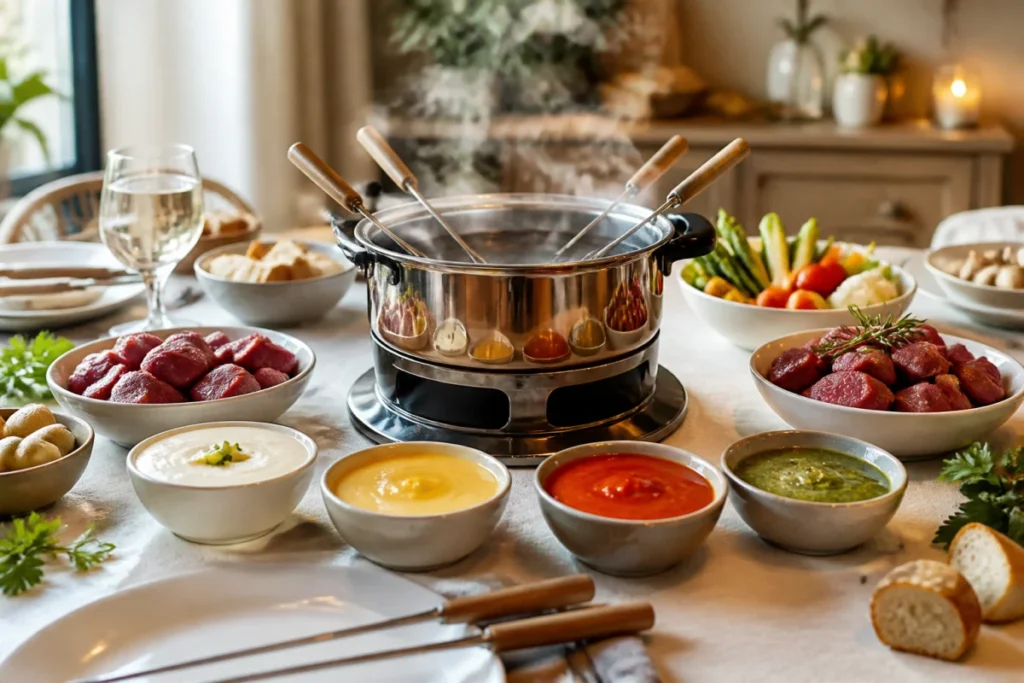Quelle sauce pour fondue bourguignonne : quatre sauces variées autour d’un caquelon fumant et de morceaux de viande à tremper