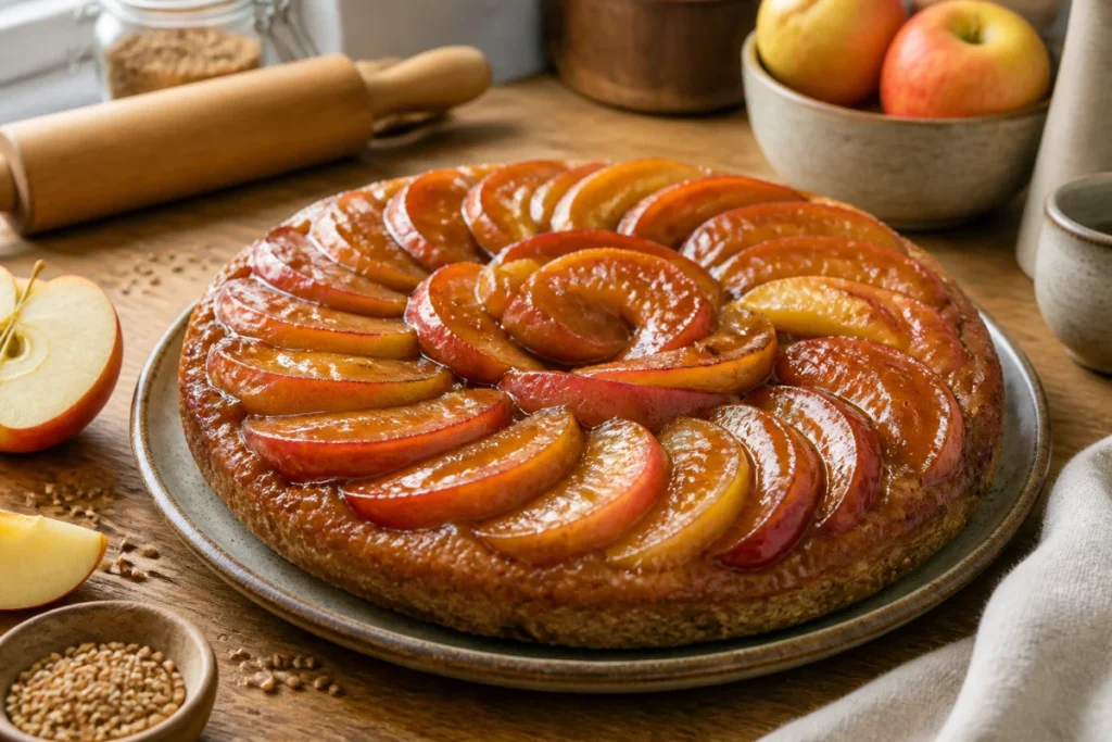 Tarte tatin revisitée aux pommes caramélisées et sarrasin, symbole de recettes de cuisine française revisitée