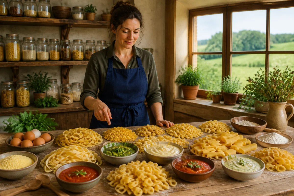 Tutti Pasta pr&eacute;sente des p&acirc;tes artisanales vari&eacute;es et leurs sauces dans une cuisine rurale du Limousin