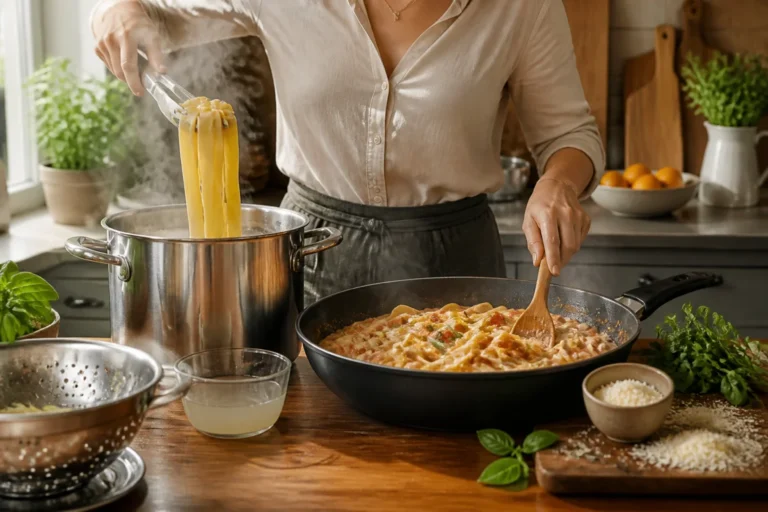 Cuisinière préparant des pâtes artisanales Tutti Pasta avec sauce crémeuse dans une cuisine chaleureuse du Limousin
